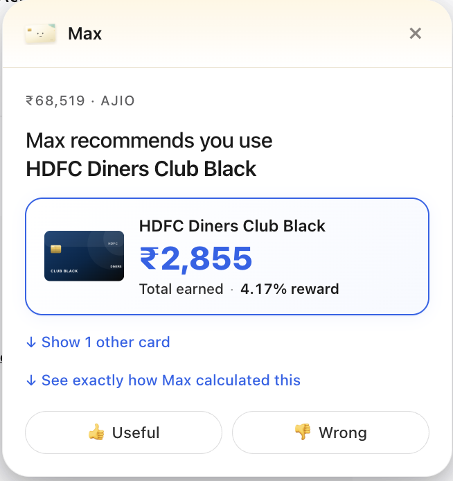 MaxMile recommending HDFC Diners Club Black at AJIO checkout